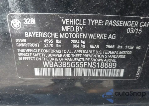 2015 BMW 328I xDrive из США, поврежденный, VIN WBA3B5G55FNS18689